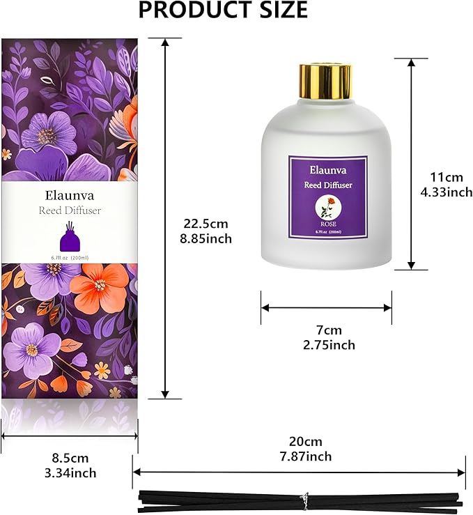 Rose Reed Diffuser Sets,6.7fl oz(200ml) with 8 Sticks,Fragrance/Aromatherapy for Livingroom/Office/Kitchen/Entryway/Bathroom,Gift Set,Shelf Decor,Home Accessories,Air Freshener(Rose)