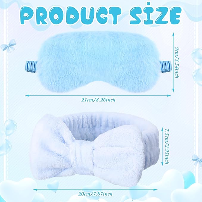 Jexine 24 Pcs Spa Headband Plush Sleep Eye Mask Bulk Bow Hair Band Makeup Headband for Washing Face Sleepover Party Supplies Sleeping Stuff Accessories for Single Party (Blue)