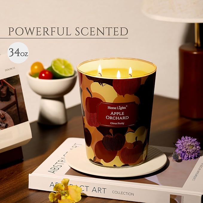 HomeLights Large jar Candle | 3-Wick Long-Lasting Scented Candles, 34oz Natural Soy Wax Candle for Home Scented, Eclectic Mixed Styles Gifts for Women & Men, Apple Orchard