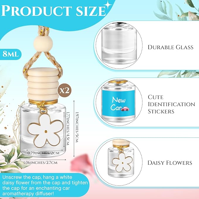 2 Sets Hanging Car Air Freshener and Essential Oil Diffuser, Car Air Freshener Daisy Essential Oil Diffuser Long Lasting Automobile Aromatherapy(White,New Car)