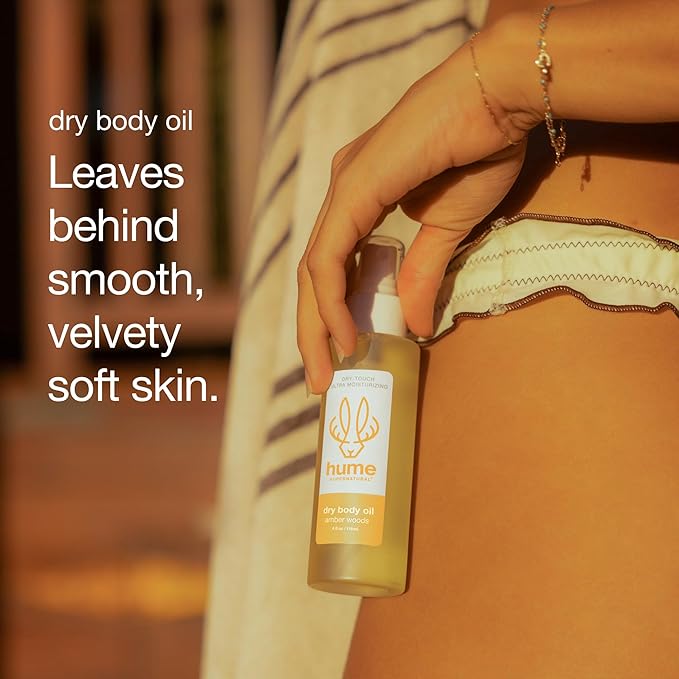 HUME SUPERNATURAL Dry Body Oil Spray - Ultra Hydrating Oil for Dry Skin, Light and Nourishing Body Oils for Women and Men, Long-Lasting Moisture (Amber Woods 1-Pack)