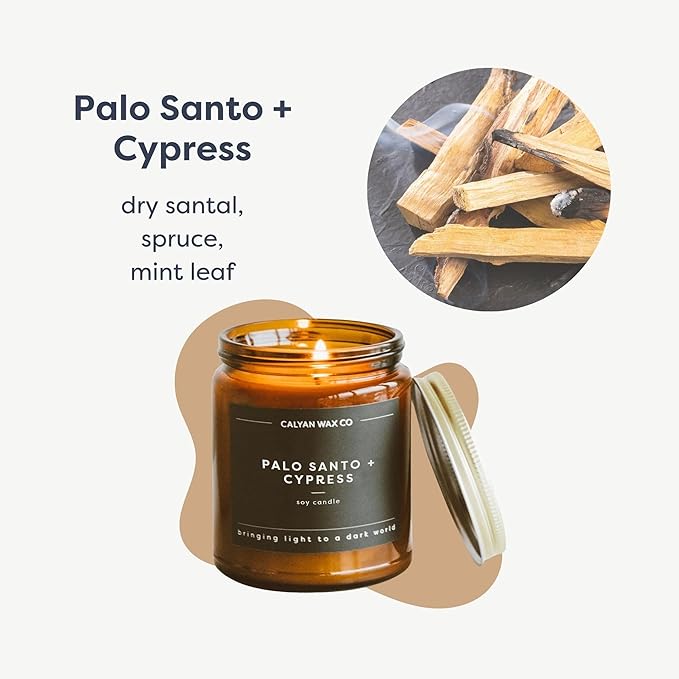 Calyan Wax Co. Soy Wax Candle, Palo Santo + Cypress Scented Candle, 57 Hour Burn Time, Aromatherapy Soy Candles, Non Toxic & Vegan Soy Wax, Amber Glass Jar Scented Candles, 7.2oz