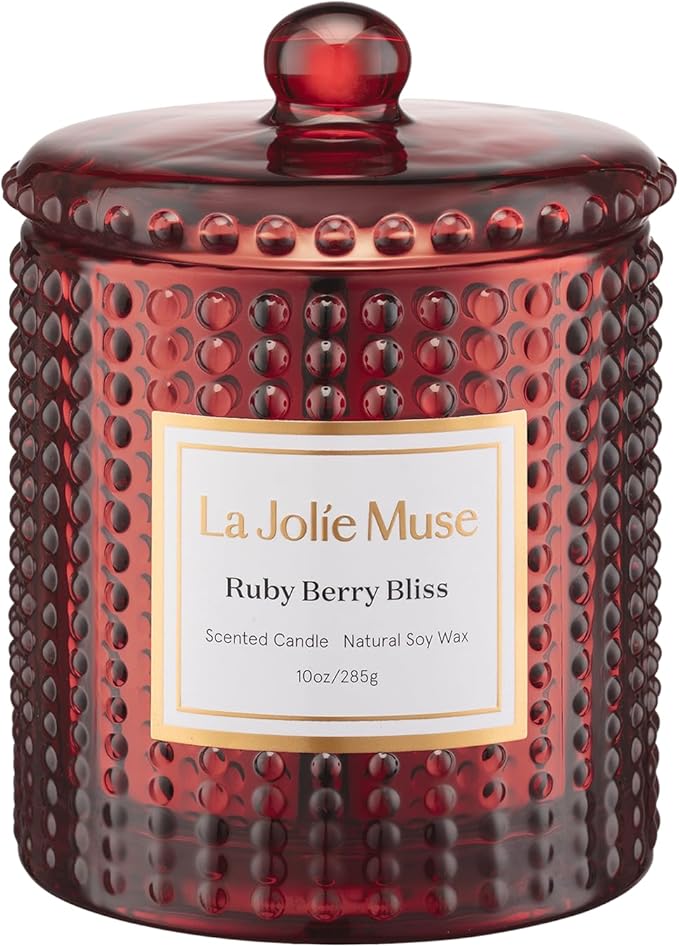 LA JOLIE MUSE Ruby Berry Bliss Scented Candle – Mandarin, Cranberry & Plum| Natural Soy Wax | 10 oz Festive Christmas Candle | 55 Hours Clean Burn | Autumn House Warming Gift | Seasonal Home Décor