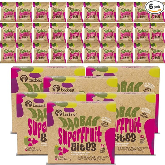 Baobest Superfruit Bites - Baobab Chews Raspberry Snack Pack - Vegan, Gluten Free, Preservative Free, Palm Oil Free, High Vitamin C Superfood Snack from The Tree of Life - 30 Servings