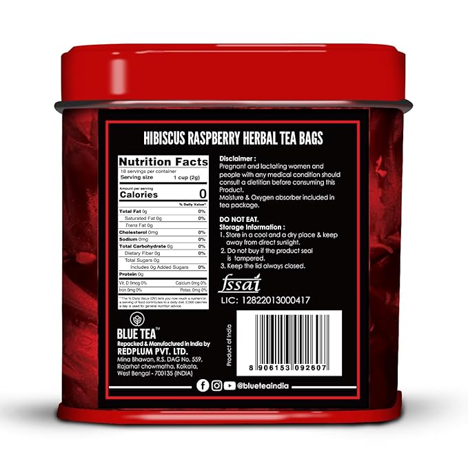 BLUE TEA - Hibiscus Tea - 18 Count - Raspberry - Pyramid Plant Based Tea Bag | SKIN GLOW ENHANCING TEA | Herbal Tea - Tangy Flavor - Flower Based - Caffeine Free - Vegan - Non-GMO | Tin Packaging
