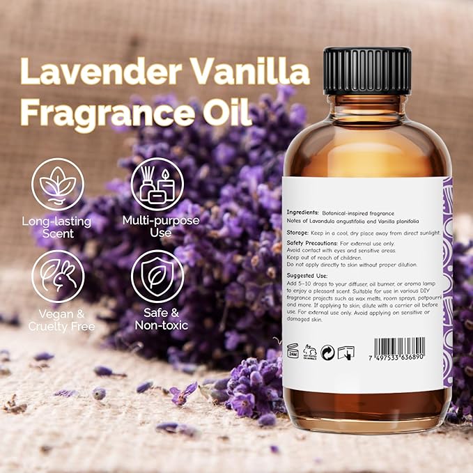 Lavender Vanilla Fragrance Oil 2 Oz, Natural Scent Oil for Home Essential Oils Diffuser, Candle Making, Soap Making, DIY Body Oils, Perfume, Body Mist, Spray