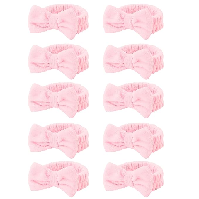 10 Pcs Pink Makeup Headbands, Hair Band for Washing Face, Soft Coral Fleece Makeup Headband for Girls, Bow Hair Bands, Beauty Headbands for Face Washing Shower Skin Care Yoga