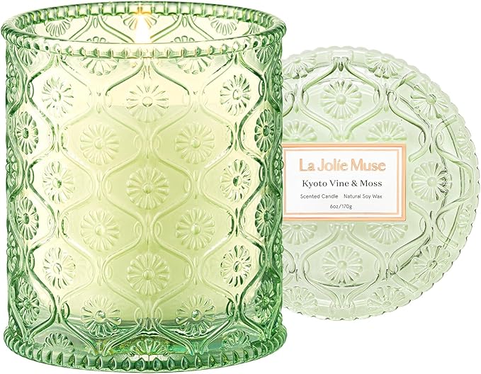 LA JOLIE MUSE Kyoto Vine & Moss Candle - Green Leaves, Tree Moss, Vetiver | 6 oz Natural Soy Wax | 40 Hours Clean Burn | Fresh Scented Candle | Gift-Ready for Hosts & Gatherings