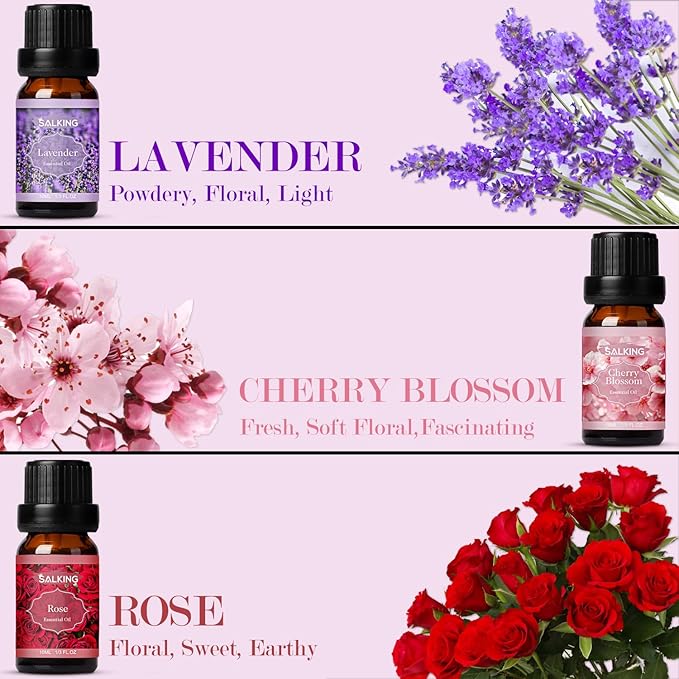 SALKING Floral Essential Oils Set, Premium Pure and Natural Essential Oils, Fragrance Oil Scented Oils for Oil Diffusers 6 x 10 ML - Lavender, Rose, Jasmine, Cherry Blossom, Gardenia, Chamomile