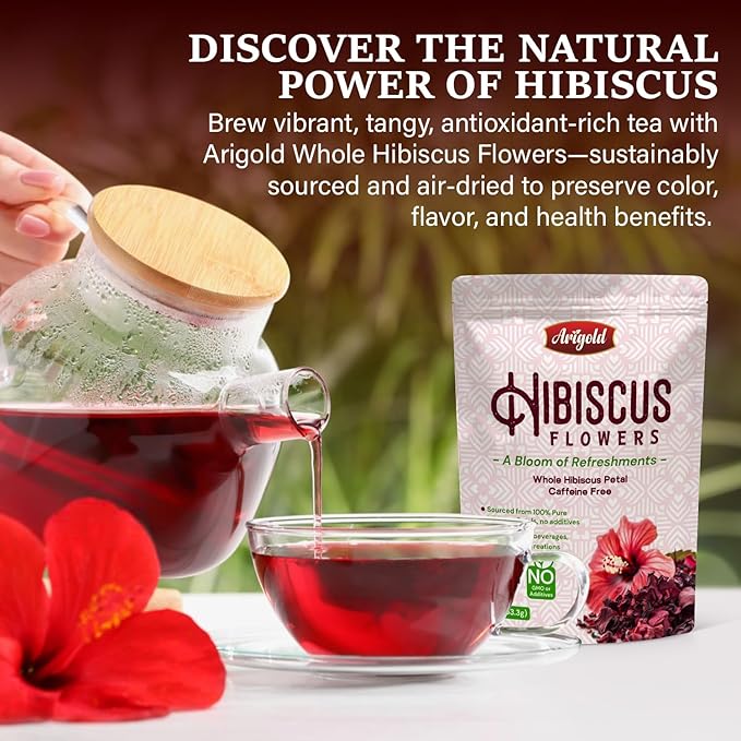 Arigold Pure Whole Petals Hibiscus Tea 1lb ā Dried Hibiscus Flowers, Flor de Jamaica, Hibiscus Sabdariffa, Bissap, Sorrel, hibiscus tea loose leaf Herbal Tea for Agua Fresca, Cocktails, Iced Tea & Hot Tea | Caffeine-Free & Rich in Antioxidants.