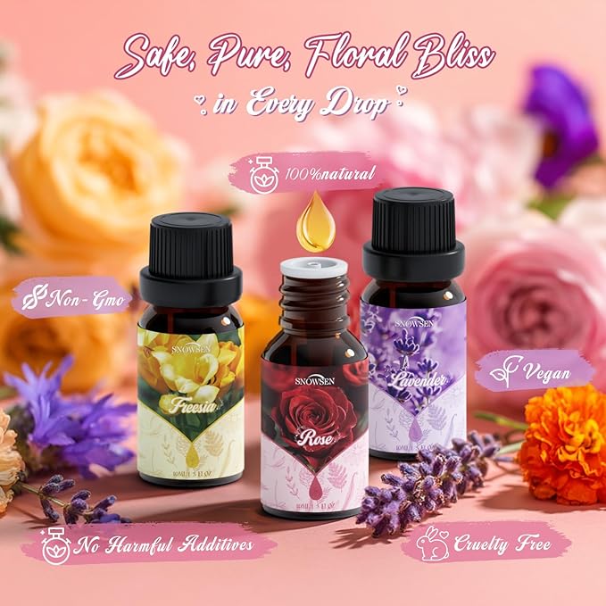 Floral Essential Oil Set, Premium Essential Oils for Diffusers for Home, Includes Lilac, Freesia, Jasmine, Cherry Blossom, Rose and Lavender Candle Scents for Candle Making, DIY Soaps,Cleaning