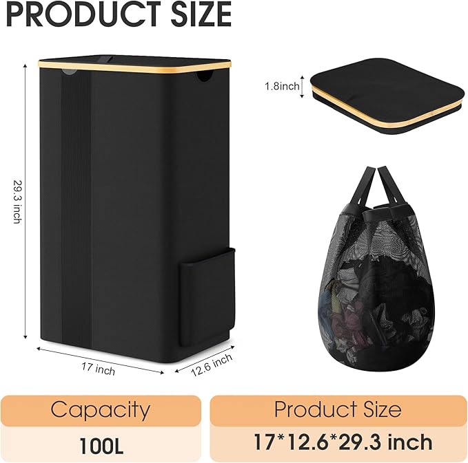 Laundry Basket Clothes Hamper with Lid and Removable Bag Large Collapsible Laundry Baskets with Handle, Freestanding Hampers for Bedroom Aesthetic, Dorm, Bathroom, Laundry Room 100L (Black)