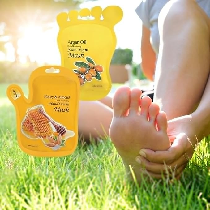 Elitzia Foot Mask Hand Mask Hydrating Honey Almond Gloves Argan Oil 10 Packs Multipack Socks Masks Moisturizing Repairing Nourishing Masks Spa Skin Care Women for Dry Rough Skin ETOHAF
