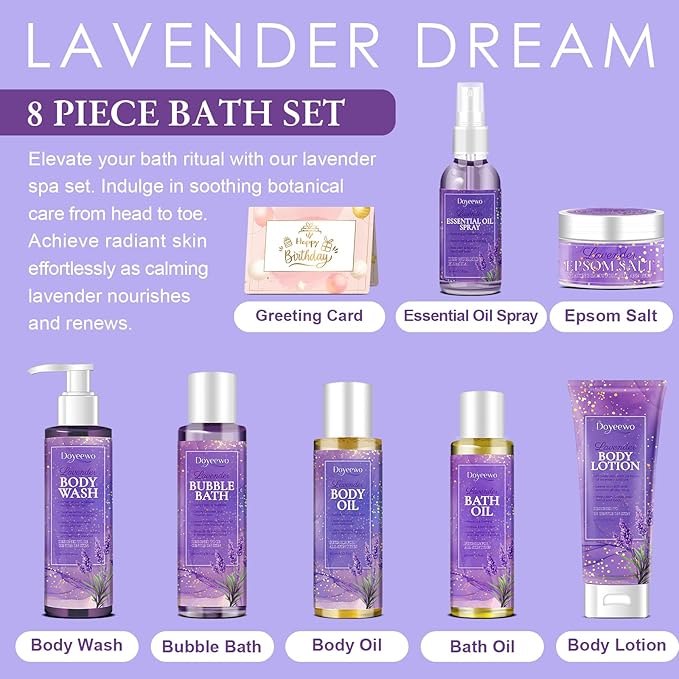 Spa Bath Body Care Wash Christmas Gifts Baskets for Women,Relaxation Calming Lavender Spa Set Home Relaxing Self Care Shower Kit Birthday Valentines Stocking Stuffers Gifts for Women Mom Wife Sister