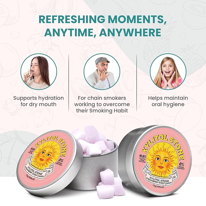 Xylitol Stone Sugar Free Candy - Vegan & Keto Friendly Unique Hard Candy Sugar-Free - 100% Natural Flavor Candies - Gluten Free & Non-GMO Breath Freshener Low Calorie Mints - Strawberry (Pack of 2)