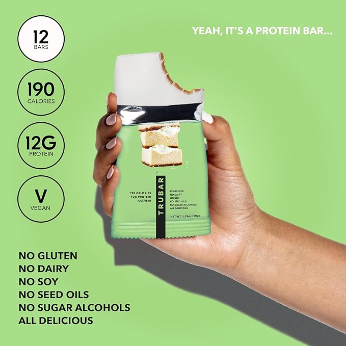 TRUBAR Vegan Protein Bar, Whipped for Key Lime, Gluten Free, Plant Based, High Fiber, Dairy Free, Low Fat, Non GMO, No Sugar Alcohols, 12G Lean Protein, 13G Fiber, Healthy Snack Bars, 12 CT