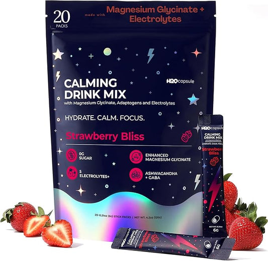 Calm Magnesium Glycinate Drink Mix with Electrolytes – Sugar Free Powder with Ashwagandha, L-Theanine, Vitamin B & GABA – Cortisol Support, Stress Relief, Hydration & Focus - 20 servings (Strawberry)