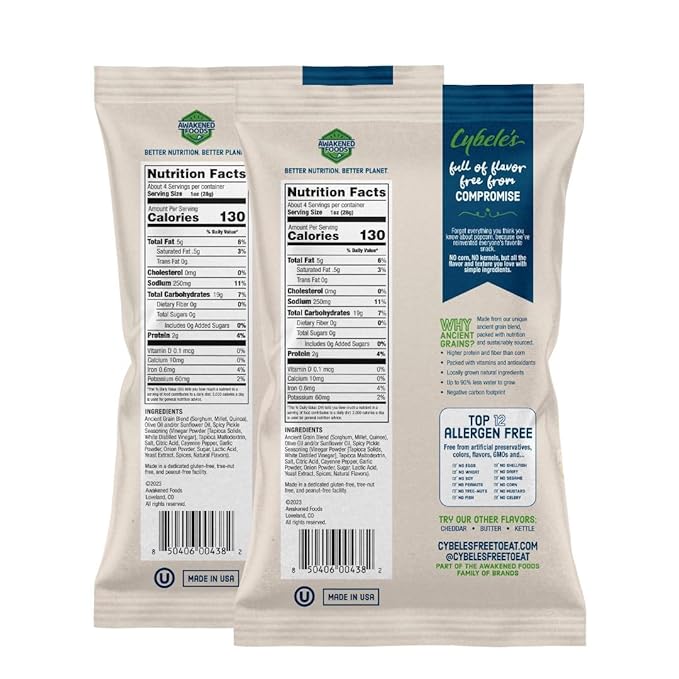 Cybele's Free-to-Eat Ancient Grain Pops - Healthy Snacks, All Natural, Gluten-Free, Vegan, No Preservatives or Additives (Spicy Pickle Pops 4oz, Pack of 2)