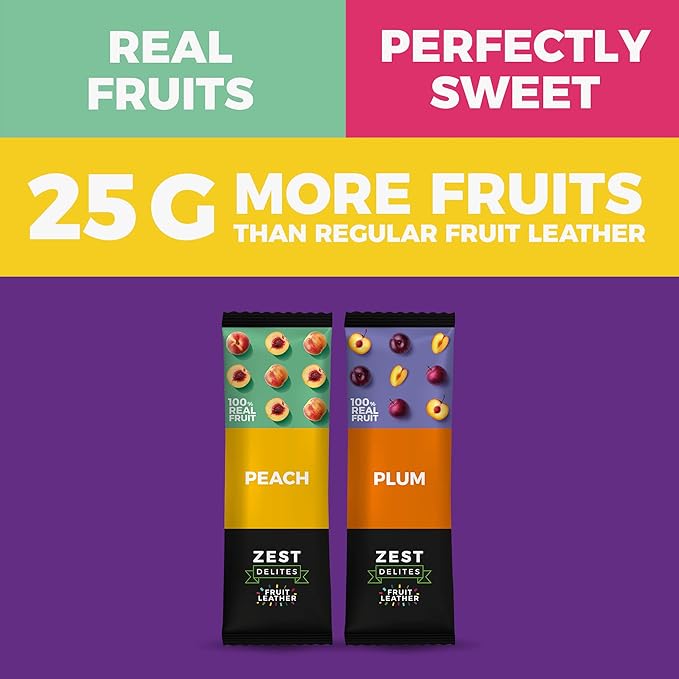 Fruit Snacks by Zest Delites, Dried Fruit Leather Bars, Healthy Snacks for Adults & Kids, Gluten Free Apple-Based Strips, Vegan, Peach, Plum, 0.88 oz x 10