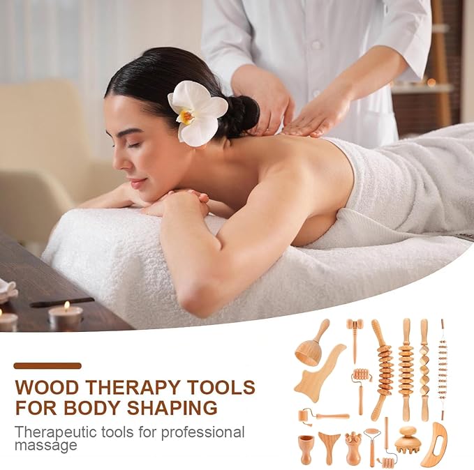 16-in-1 Wood Therapy Massage Tools Gua Sha, Maderoterapia Kit Muscle Pain Relief, Lymphatic Drainage, Body Sculpting Kit with Facial Wood Roller Fascia Massage