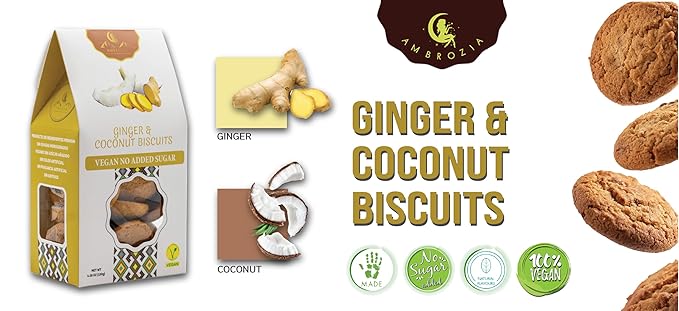 Ambrozia Vegan Snack Biscuits – Ginger & Coconut - Soft Baked, No Added Sugar, Clean Label, High Fiber & Wholesome Ingredients, Kid-Friendly, Healthy Snacks for Active Lifestyles, 4 x 4.58 Oz