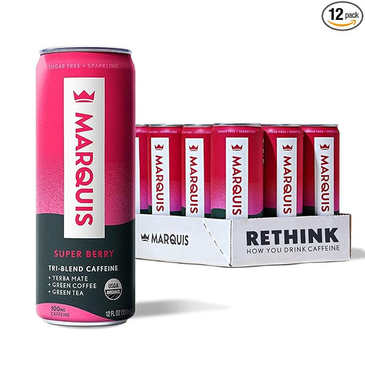Marquis - Natural Energy Drink - Super Berry - Sugar Free - 0 Calories - 100mg of Organic Plant Based Caffeine - Yerba Mate - Green Tea - Vitamin C & B Vitamins - Vegan - 12 oz Cans - 12 Pack