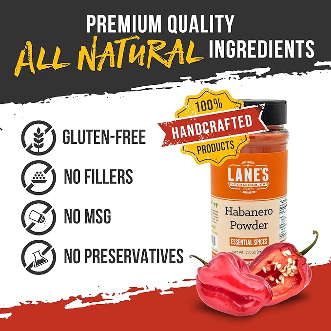 Lane's Habanero Powder Seasoning, All-Natural Habanero Pepper Powder Blend with Chili de Arbil & Black Pepper, Hot & Spicy, Gluten-Free, Made in USA, 7.5 Oz