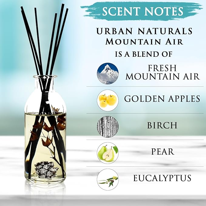 Urban Naturals Mountain Air Scented Fragrance Oil Reed Diffuser & Room Freshener | Golden Apples, Birch Wood, Fennel, Pear Eucalyptus, Mint & Aromatic Sage | Decorative Botanicals | Vegan | USA Made