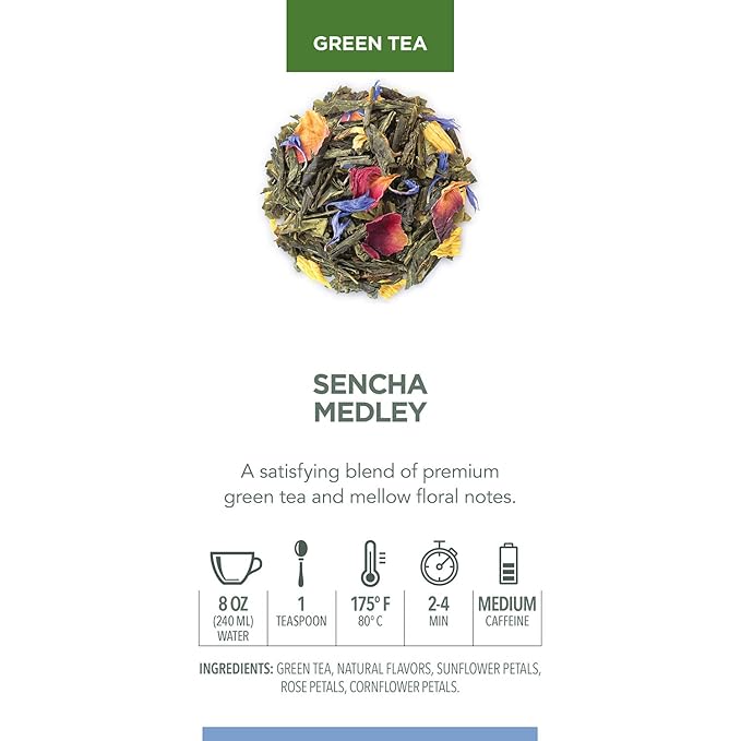 Teabloom Green Tea, Sencha Medley Loose Leaf Tea, Fresh and Floral, Purest Quality Green Tea Leaves Combined with Pretty Botanicals in Reusable Gift Canister, 2.82oz/80 g Canister Makes 35-50 Cups