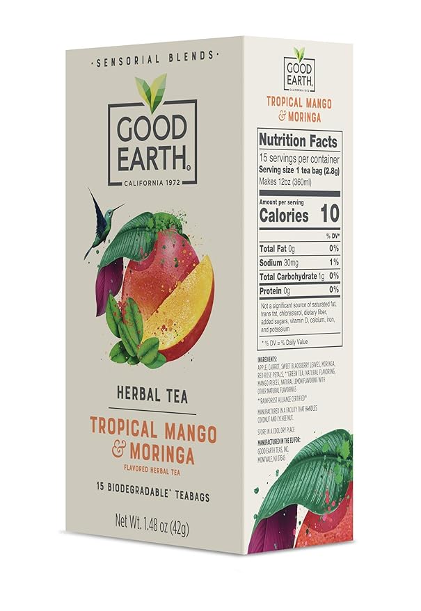 Good Earth Sensorial Blend Flavored Herbal Tea Tropical Mango and Moringa, No Artificial Color, No Preservatives, 15 Bag (Pack of 5)