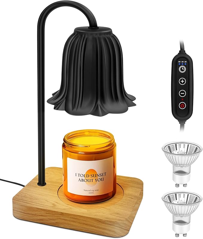 Candle Warmer Lamp, Dimmable Candle Warmer with 2 Bulbs, Birthday Gifts for Women Mom, Dad and Fathers, House Warming Gifts New Home Room Decor, 2H/4H/8H Timer Black Flower Candle Lamp Heater