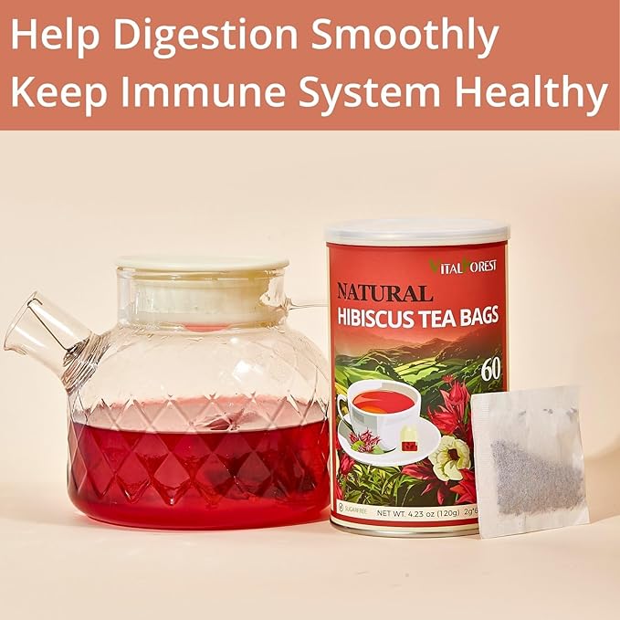 60 Hibiscus Flower Tea Bags, 2g/Bags, VitalForest Hibiscus Tea Roselle Tea, Natural Flor de Jamaica Flower, Caffeine Free, Non-GMO, Unbleached Bags, Canister Packaged