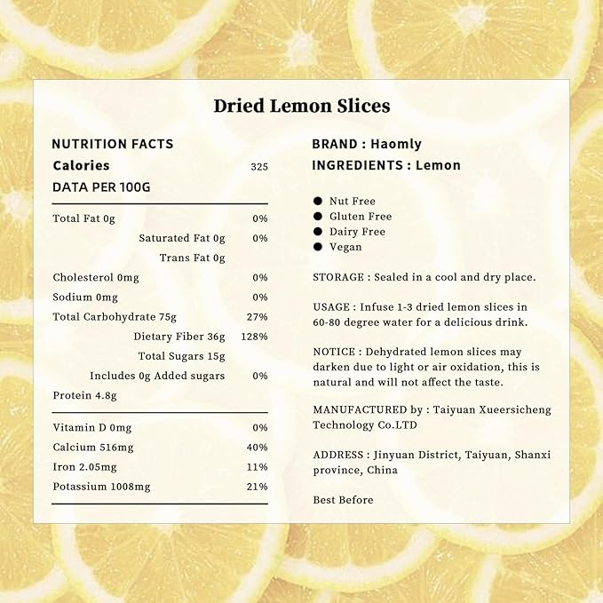 Haomly Dried Lemon Slice Wheels |5.3oz/150g| 100% Natural Dehydrated Lemons for Cocktails,Garnishing,Cooking, Baking, Drinks,Crafts |No Added Sugar Dry Lemon Tea |No Additives