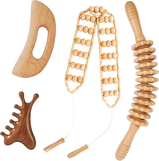 4Pcs Wood Therapy Massage Tools Lymphatic Drainage Massager Wooden Massager Body Sculpting Tools for Maderoterapia,Anti-Cellulite,Pain Relief