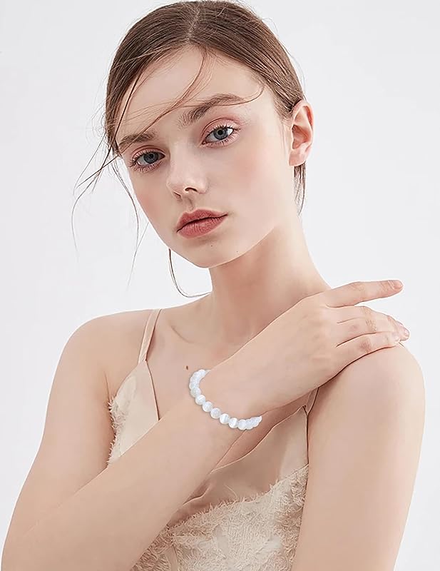 AD Beads Handmade Gemstone Stretch Elastic Bracelet Crystal Healing Reiki Nature's Beauty and Spiritual Essence Unisex (8mm, Selenite Crystal (Inspire treatments))