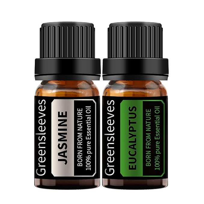GREENSLEEVES Jasmine Eucalyptus Essential Oil Set, 2 x 10ml Pure Plant-Based Fragrance Oil for Aromatherapy, Essential Oils for Diffuser, Massage, Bath Bomb, Scented Candle Soap Making