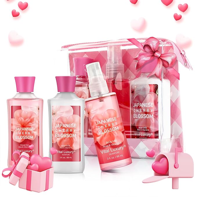 Bath and Body Gift Set for Women & Girls, Japanese Cherry Blossom Spa Set With Natural Extracts-Shower Gel, Body Lotion, Body Mist, Body Care Travel Set for Birthday Mother's Day Gifts