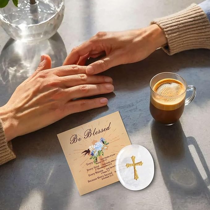 LAIDANLA Clear Quartz Cross Engraved Healing Crystal Worry Stones for Pray Faith Anxiety Relief Oval Palm Stone Polished Natural Crystal Gifts