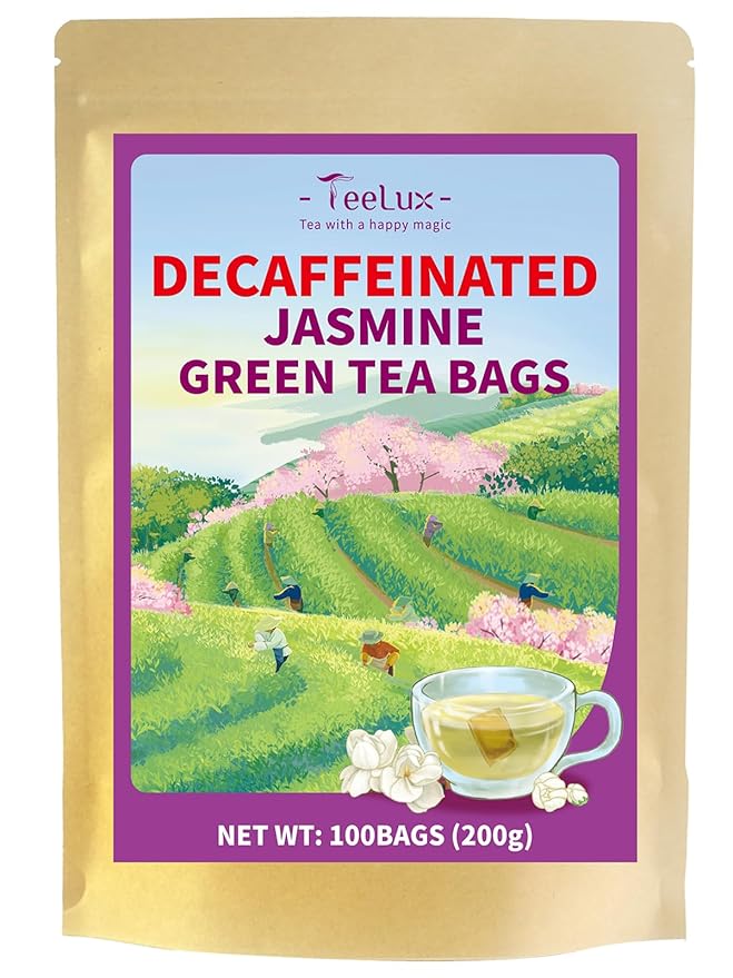 TeeLux Decaf Jasmine Green Tea Bags, Decaffeinated Jasmine Scented Green Tea, Pleasant Aroma & Smooth Taste, 100 Count