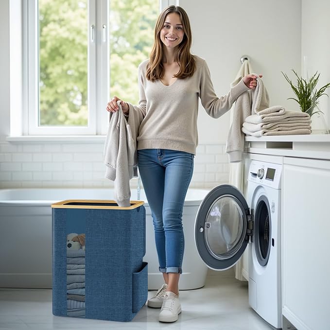 Laundry Basket Clothes Hamper with Lid and Pocket Large Collapsible Laundry Baskets with Handle, Freestanding Hampers for Bedroom Aesthetic, Dorm, Bathroom, Laundry Room (80L,Light Blue)