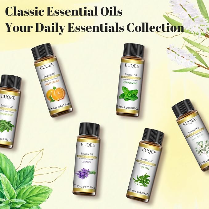 EUQEE Classic Essential Oil Set of 6 Pure Essential Oil Gift Set for Diffusers, Soap Candle Making - Lavender, Eucalyptus, Peppermint, Tea Tree, Sweet Orange, Lemongrass Aromatherapy Oils -10ml