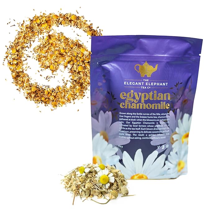 Egyptian Chamomile Tea, Organic Loose Leaf Herbal Tea – Cozy, Calming – Supports Stress Relief, Relaxation & Sleep – 4 oz Resealable Bag (Makes 50 Cups) – The Elegant Elephant