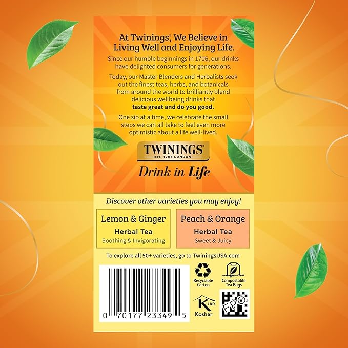 Twinings Mango & Pineapple Herbal Tea Individually Wrapped Bags, 20 Count (Pack of 1), Naturally Caffeine-Free, Enjoy Hot or Iced, 20 Teabags