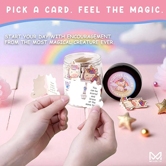 Positive Unicorn Jar, Emotional Supports Unicorns 60 Affirmation Cards, Back to School Gifts for Girls Teacher, Birthday Gift for Women Teen Girls, Friends Daughter Mom Wife, Unicorn Desk Decor