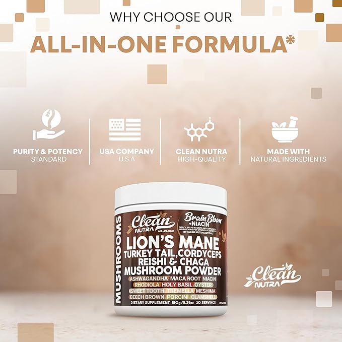 Clean Nutra Lion's Mane Turkey Tail Cordyceps Reishi Chaga Mushroom Powder + Ashwagandha Niacin Calm Stress Memory Adrenal Support Supplements Maca Rhodiola Holy Basil Apaptogen Supplement Unflavored