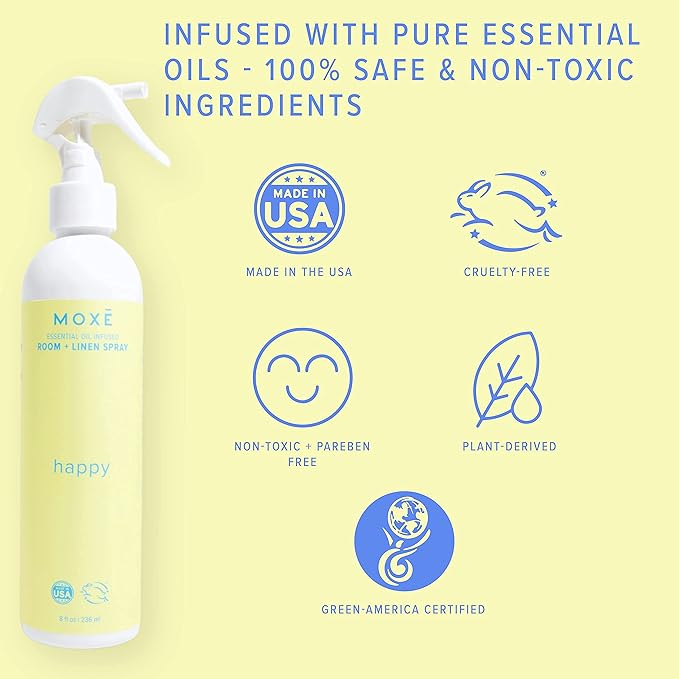 MOXĒ Happy Linen & Room Spray, Uplifting Essential Oils, Natural Aromatherapy Mist, Home & Bedroom, Office, Furniture, Bedding, Pillows, Sheets, Cinnamon, Sweet Fennel, Sage, Thyme, 8 Ounces (1 Pack)