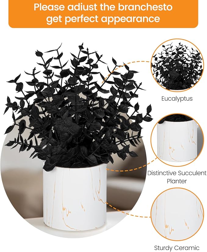 2 Pack Halloween Fake Plants Eucalyptus Potted, Black Artificial Plants, Black Decor for Home Desk Shelf Office Bathroom Coffee Table Halloween Decor