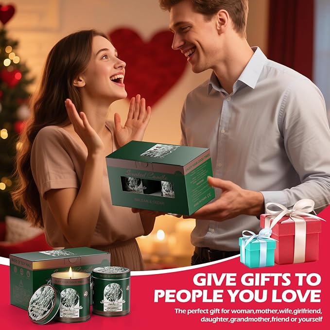 Balsam & Cedar Scented Candle Set | 2 Pack 510g 8% Essential Oils Long-Lasting 60H Burn | Pure Soy Wax Clean-Burning Smoke-Free | Aromatherapy Tin Jar Candles | Colorful Packaging Gift for Men&Women