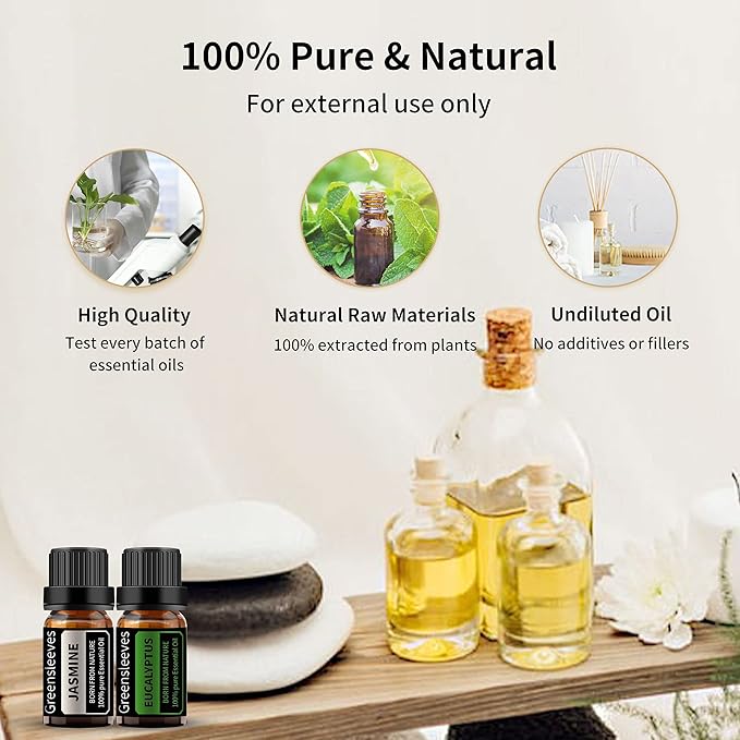 GREENSLEEVES Jasmine Eucalyptus Essential Oil Set, 2 x 10ml Pure Plant-Based Fragrance Oil for Aromatherapy, Essential Oils for Diffuser, Massage, Bath Bomb, Scented Candle Soap Making