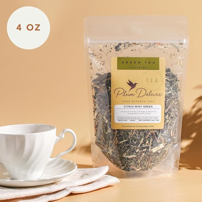 Citrus Mint Green Tea – Refreshing Loose Leaf Blend with Green Tea, Orange, Lemon, Lemongrass and Spearmint – Low Caffeine – Hot or Iced – 60 to 80 Cups – No Added Sugar – Hand Crafted in USA - Plum Deluxe